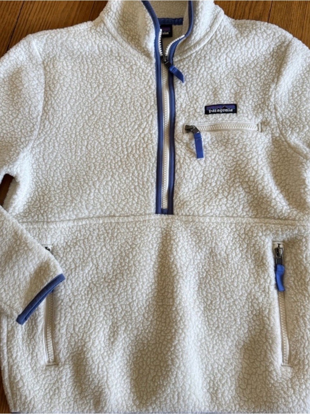 Patagonia Cream Sherpa Zip Pullover with Blue Accent